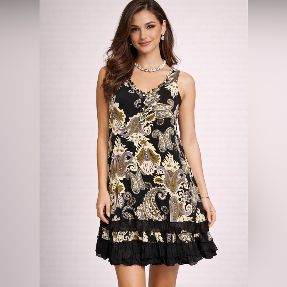 PAPILLON 🇨🇦 Dress Sz Small Wide Ruffled Hemline Fun Flowy Flirty Flare